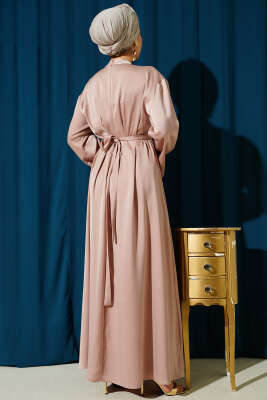 Beli Aksesuarlı Bağlamalı Abiye Elbise Bej - Elbise