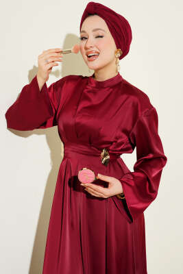 Beli Aksesuarlı Bağlamalı Abiye Elbise Bordo - BERAT TEKSTİL