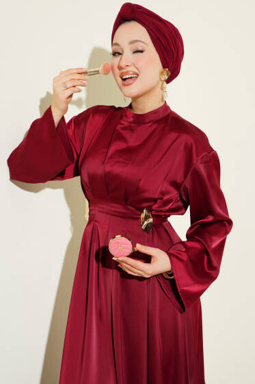 Beli Aksesuarlı Bağlamalı Abiye Elbise Bordo - Elbise