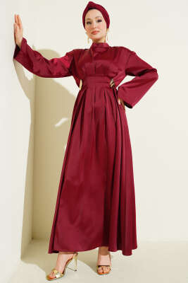 Beli Aksesuarlı Bağlamalı Abiye Elbise Bordo - Elbise
