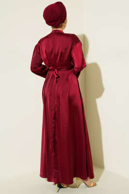 Beli Aksesuarlı Bağlamalı Abiye Elbise Bordo - Elbise