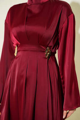 Beli Aksesuarlı Bağlamalı Abiye Elbise Bordo - Elbise