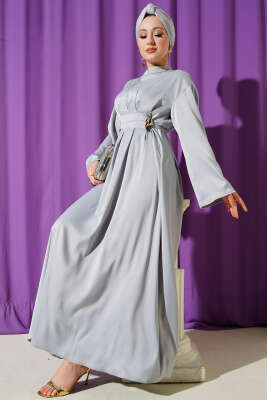 Beli Aksesuarlı Bağlamalı Abiye Elbise Gri - BERAT TEKSTİL