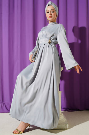 Beli Aksesuarlı Bağlamalı Abiye Elbise Gri - Elbise