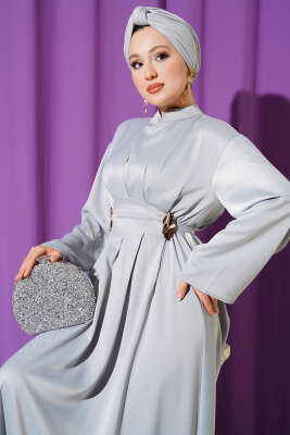 Beli Aksesuarlı Bağlamalı Abiye Elbise Gri - Elbise