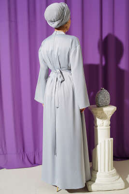 Beli Aksesuarlı Bağlamalı Abiye Elbise Gri - Elbise