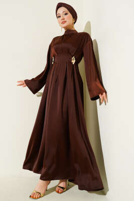 Beli Aksesuarlı Bağlamalı Abiye Elbise Kahve - BERAT TEKSTİL