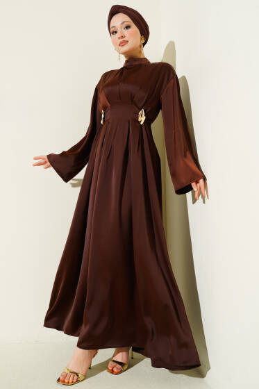 Beli Aksesuarlı Bağlamalı Abiye Elbise Kahve - Elbise