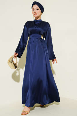 Beli Aksesuarlı Bağlamalı Abiye Elbise Lacivert - BERAT TEKSTİL