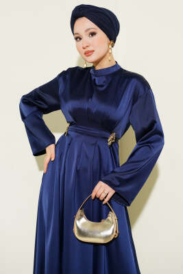 Beli Aksesuarlı Bağlamalı Abiye Elbise Lacivert - Elbise