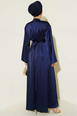 Beli Aksesuarlı Bağlamalı Abiye Elbise Lacivert - Elbise