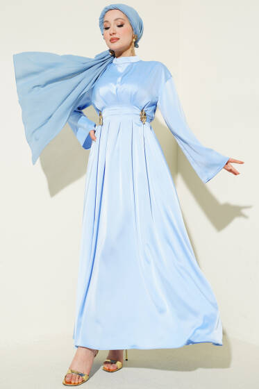 Beli Aksesuarlı Bağlamalı Abiye Elbise Mavi - Elbise