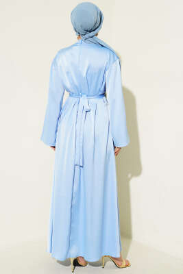 Beli Aksesuarlı Bağlamalı Abiye Elbise Mavi - Elbise