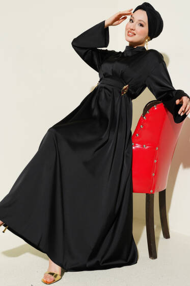 Beli Aksesuarlı Bağlamalı Abiye Elbise Siyah - Elbise