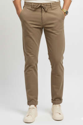 Beli Bağcıklı Kadife Pantolon Bej - MARKOVA