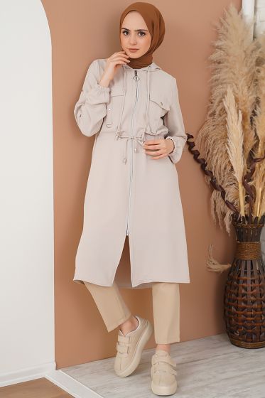 Beli Bağlamalı Fermuarlı Bej Kap - Kap