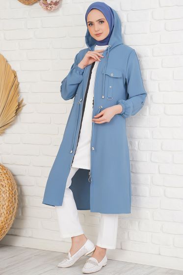 Beli Bağlamalı Fermuarlı İndigo Kap - Trençkot