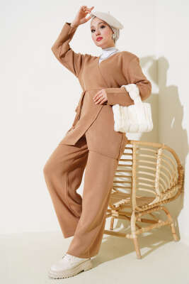 Beli Bağlamalı Triko Kimono Takım Büsküvi - Triko İkili Takım