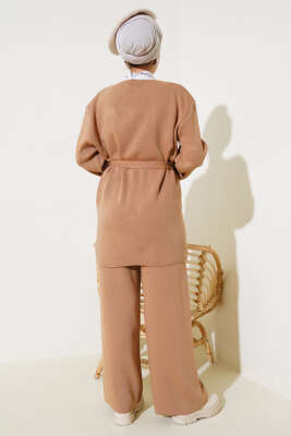 Beli Bağlamalı Triko Kimono Takım Büsküvi - Triko İkili Takım