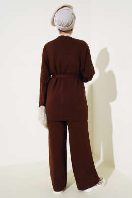 Beli Bağlamalı Triko Kimono Takım Kahve - Triko İkili Takım