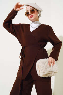 Beli Bağlamalı Triko Kimono Takım Kahve - Triko İkili Takım