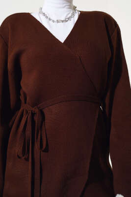 Beli Bağlamalı Triko Kimono Takım Kahve - Triko İkili Takım