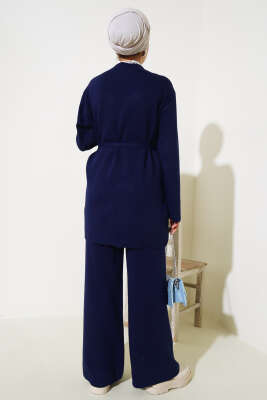 Beli Bağlamalı Triko Kimono Takım Lacivert - Triko İkili Takım