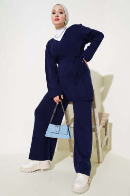 Beli Bağlamalı Triko Kimono Takım Lacivert - Triko İkili Takım