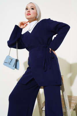 Beli Bağlamalı Triko Kimono Takım Lacivert - Triko İkili Takım