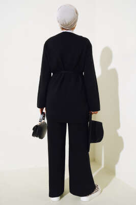 Beli Bağlamalı Triko Kimono Takım Siyah - Triko İkili Takım