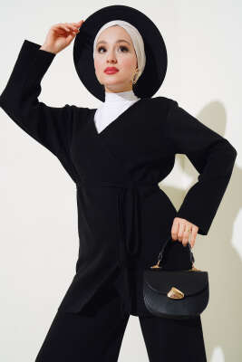 Beli Bağlamalı Triko Kimono Takım Siyah - Triko İkili Takım