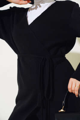 Beli Bağlamalı Triko Kimono Takım Siyah - Triko İkili Takım