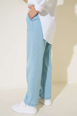 Beli Beyaz Şeritli Pantolon Kot Mavisi - Thumbnail