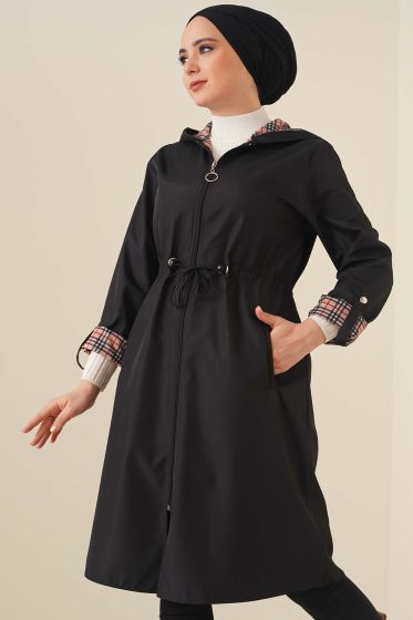 Beli Büzgülü Kapşonlu Trençkot Siyah - Trençkot