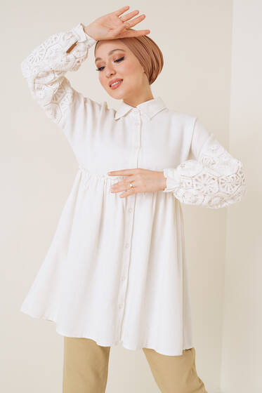 Beli Büzgülü Kolları Dantelli Keten Gömlek Ekru - Gömlek