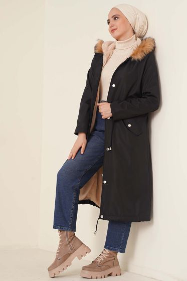 Beli Büzgülü Kürklü Mont Siyah - Mont