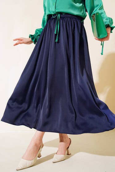 Beli Büzgülü Piliseli Saten Etek Lacivert - Etek