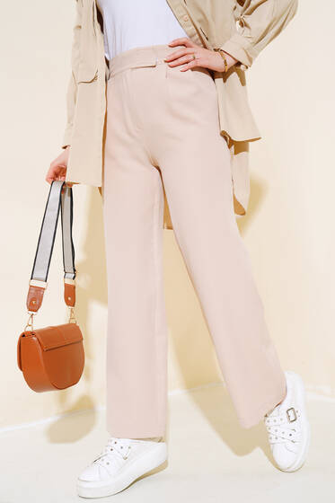 Beli Cırtlı Bol Paça Pantolon Bej - Pantolon