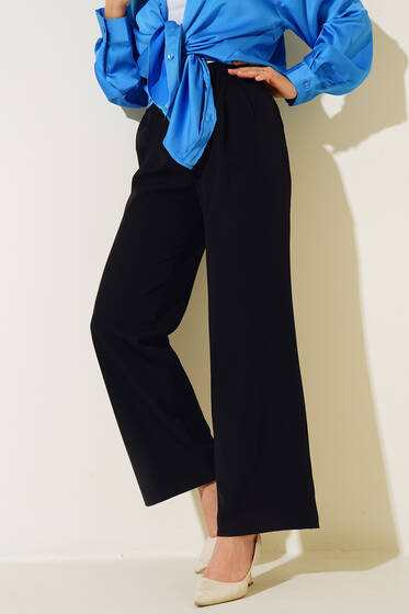 Beli Cırtlı Bol Paça Pantolon Siyah - Pantolon