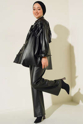 Beli Cırtlı Deri Pantolon Siyah - Pantolon