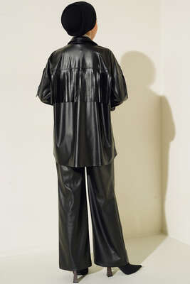 Beli Cırtlı Deri Pantolon Siyah - Pantolon