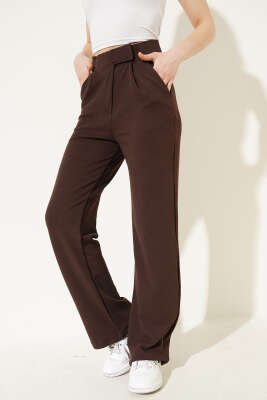 Beli Cırtlı Geniş Paça Pantolon Kahve - CALİENTE