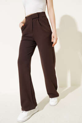 Beli Cırtlı Geniş Paça Pantolon Kahve - Kadın Giyim Modelleri