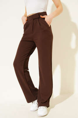 Beli Cırtlı Geniş Paça Pantolon Kahve - CALİENTE