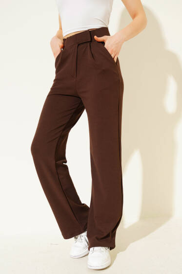 Beli Cırtlı Geniş Paça Pantolon Kahve - Kadın Giyim Modelleri