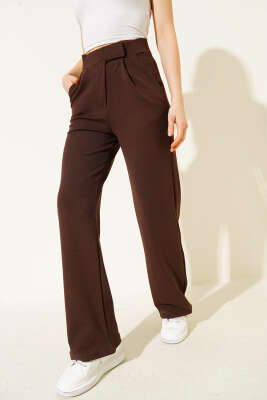 Beli Cırtlı Geniş Paça Pantolon Kahve - Kadın Giyim Modelleri