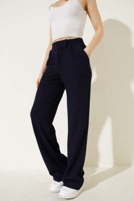 Beli Cırtlı Geniş Paça Pantolon Lacivert - CALİENTE