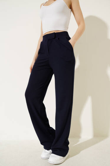 Beli Cırtlı Geniş Paça Pantolon Lacivert - Kadın Giyim Modelleri