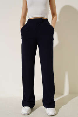 Beli Cırtlı Geniş Paça Pantolon Lacivert - Kadın Giyim Modelleri