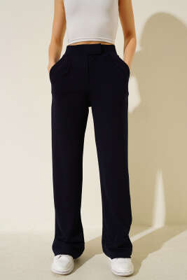 Beli Cırtlı Geniş Paça Pantolon Lacivert - Kadın Giyim Modelleri